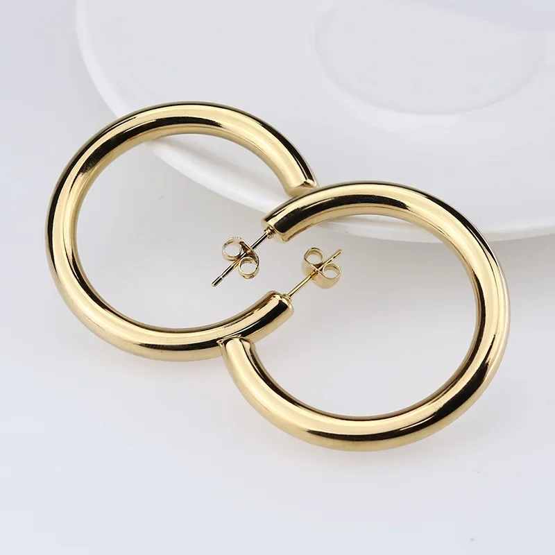 Gold Plated Hoop Earring Thick Round Circle Stainless Steel Earrings for Women Jewelry 1 Gold Plated Hoop Earring Thick Round Circle Stainless Steel Earrings for Women Jewelry