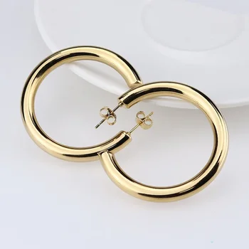 Gold Plated Hoop Earring Thick Round Circle Stainless Steel Earrings for Women Jewelry