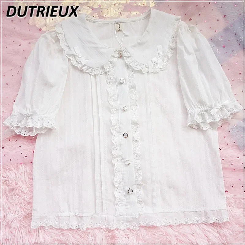 Japanese Style Soft Girl Lolita Clothes Sweet Bow Doll Collar Short Sleeve Shirts Student Loose Slimming Flounce Inner Shirt Top