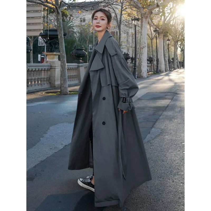 

Korean Style Loose Oversized X-Long Women's Trench Coat Double-Breasted Belted Lady Cloak Windbreaker Spring Fall Outerwear Grey