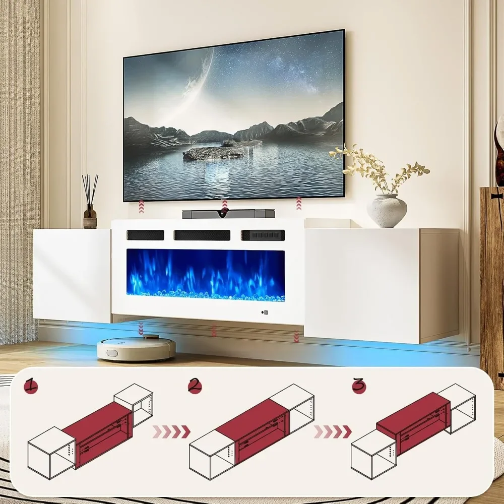 Floating TV Stand with 36Electric Fireplace, Wall Mounted Fireplace Entertainment Center with Storage70TV Console with Fireplace 4