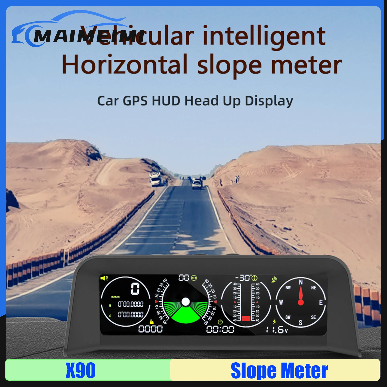 

X90 Car HUD Vehicular Intelligent Horizontal Slope Meter Roll Pitch Angle Clock Compass Altitude Display with OverSpeed Alarm