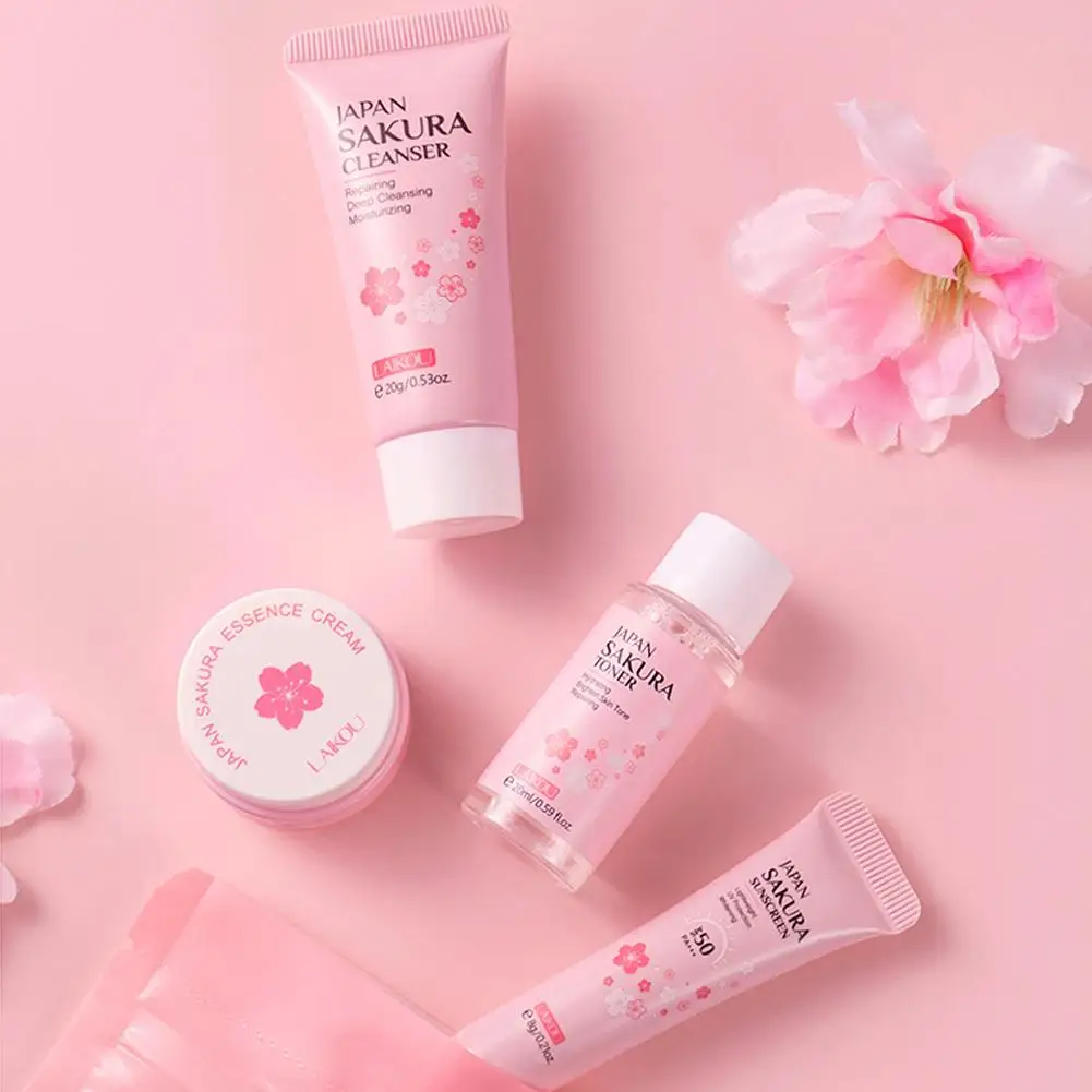 Sakura Skin Care Set - Cleanser Serum Eye Cream Facial Cream  Sunscreen Travel Kit for Women
