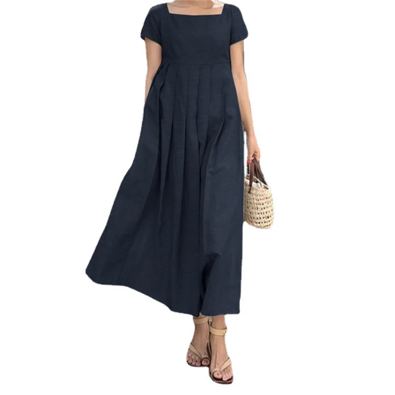 Dubai Arab New Cotton Linen Long Dresses For Women Short Sleeve Square Neck Elegant Casual Sundress Simple Loose Muslim Clothing