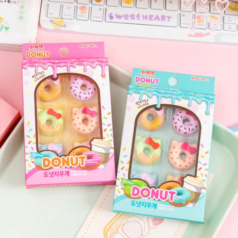 Pencil Erasers 6Pcs/Box Cat Donut Shape