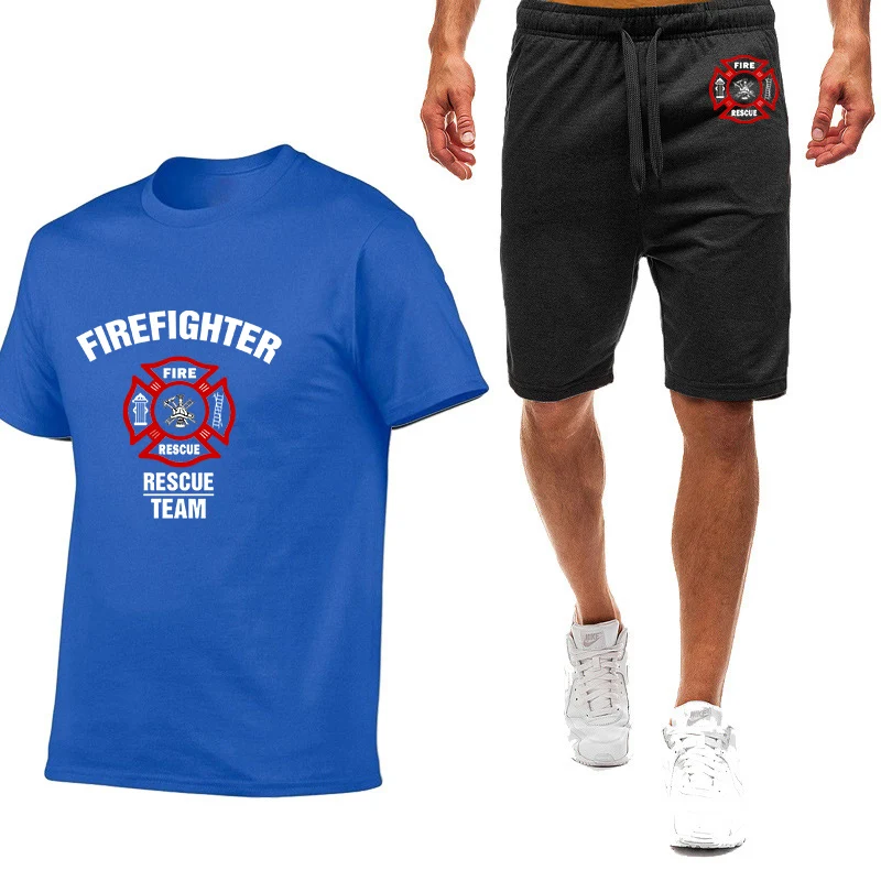 Firefighter Rescue Team Printing Fashion 2023 Men's Summer Solid Cotton Short Sleeve Comfortable Casual T-Shirt Sweatpants Suit
