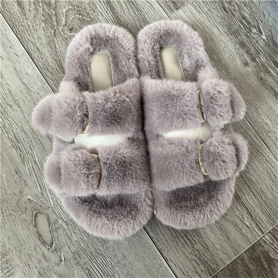 Modische Kunstfell-Hausschuhe für Damen, verstellbare Doppelriemen, Plüsch-Warm-Hausschuhe, flache Kunstfell-Slipper für Damen – Detail 9