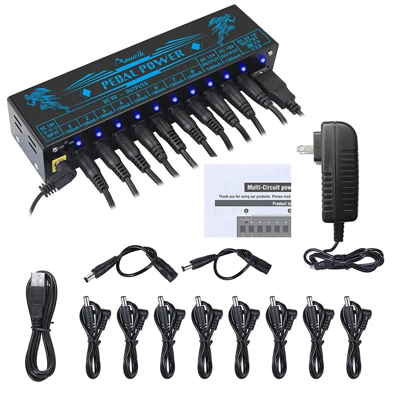 Amuzik Guitar Effector Pedal Power Supply 10 Isolated DC Output 9V 12V 18V Source Effect Pedalboard USB Port cellphone