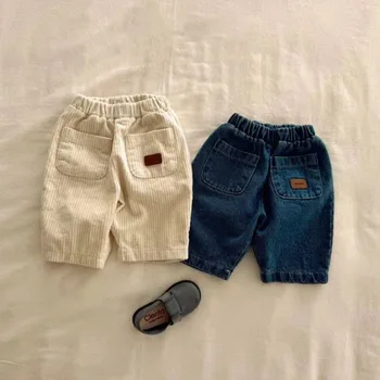 2025 Autumn New Baby Loose Jeans Girls Corduroy Trousers Solid Boys Pocket Casual Pants Infant Toddler Versatile Denim Trousers 1