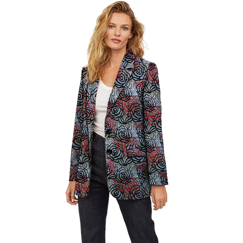 New Arrivals OL Turn Down Collar Blazer Ankara Women Suit Jackets African Wax Print Coats Casual Long Outerwear