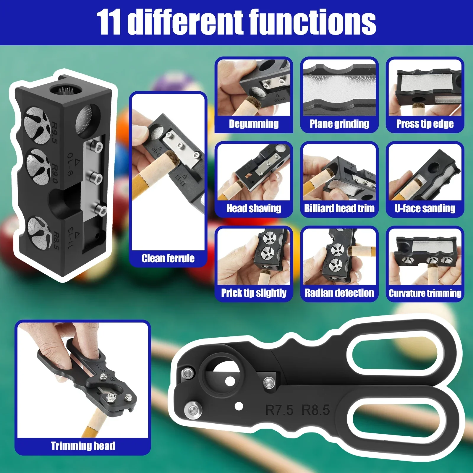 11 In 1 Billiard Cue Head Shaper Multi-function Billiard Grinder Snooker Pool Cue Tip Cutting Repair Tool Billiard Accessories