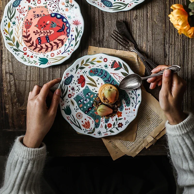 8inch Hand-painted Cat Dinner Plate Under-glazed Ceramic Dish Dessert Tray Flower Kitten Microwave Dinnerware YHJ021201