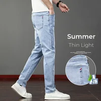 Spring Summer Thin Slim Fit Jeans Mens Elastic Straight Casual Business Denim Pants Washed Classic Brand Clothing Men Trousers