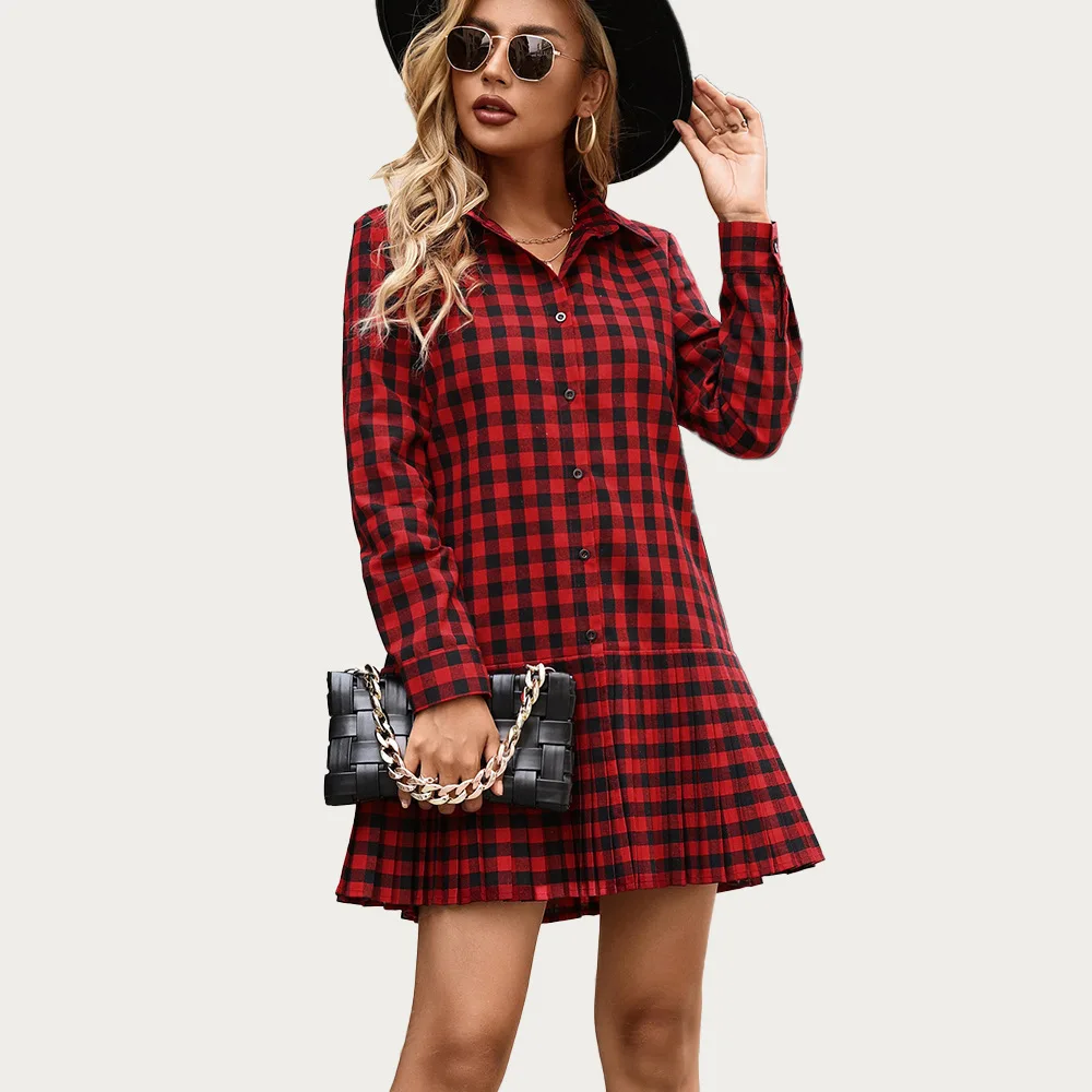 Women Casual Slim Long Sleeve Plaid Shirt Dress Spring Autumn