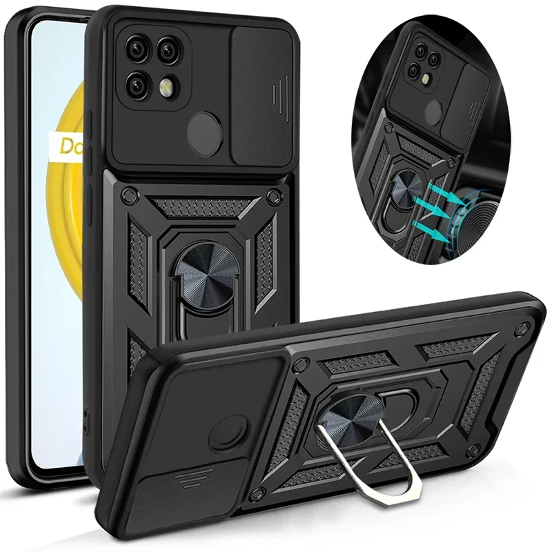Shockproof Armor Case with Ring Holder and Slide Lens Cover Protection