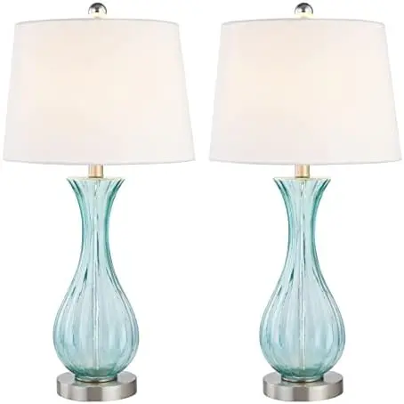 

Table Lamps Set of 2, Modern 25.5" Blue Glass Bedside Lamps with White Shade for Bedroom Living Room Paper lanterns Luces led Dr