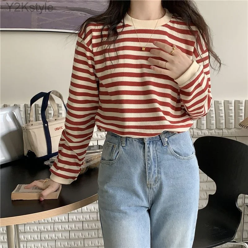 

Stripe Bottoming T-shirt Women's Top Women Autumn Loose Chic Long Sleeve O-Neck Women's Clothing Korean Fashion T-shirt