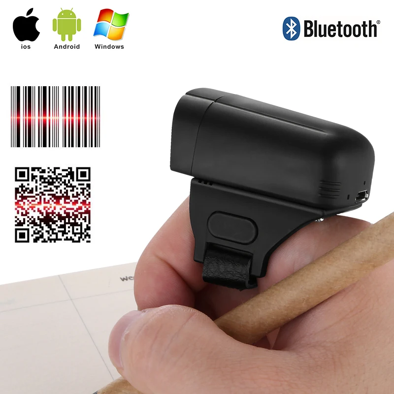 2D Wireless Ring Barcode Scanner Compatible Bluetooth 2.4G Wireless Wired Portable Wearable Mini Finger Bar Code Reader
