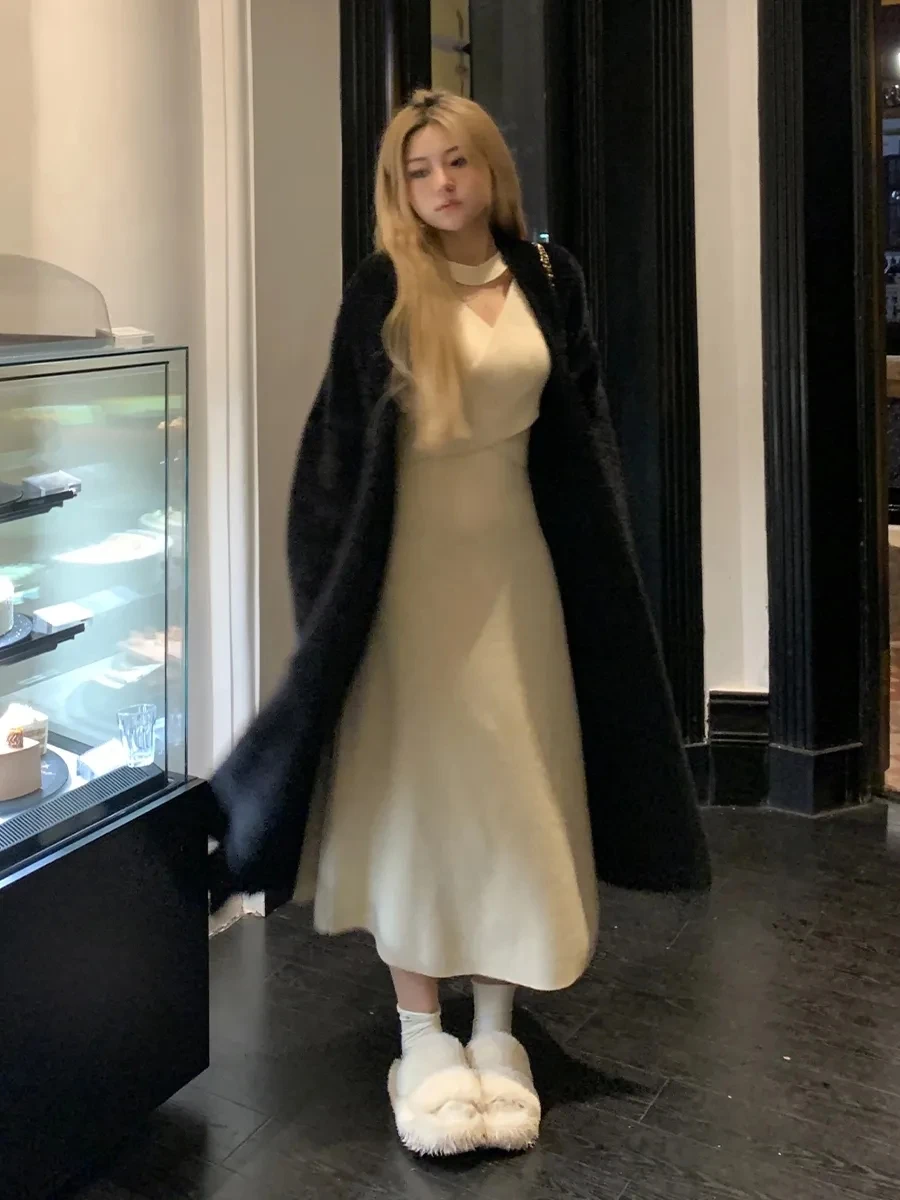 여성용 부드러운 끈끈한 니트 가디건, 긴 모조 밍크 벨벳 스웨터 코트, 라지 사이즈 루즈 플러시 재킷, 우아한 가디건