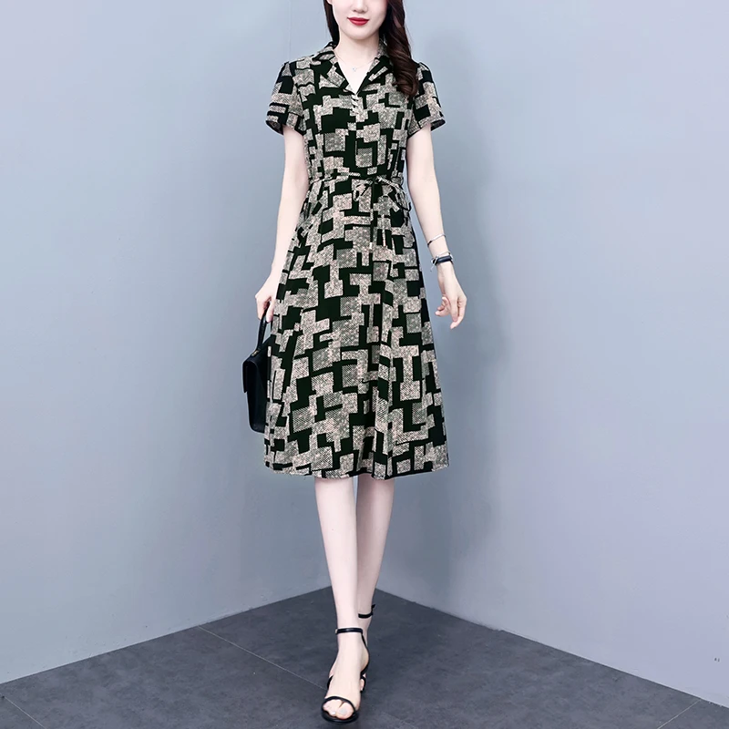 

Spring Elegant Black Printed Silk Dress Women's High End Versatile V-neck Short Sleeve Casual Holiday Dress Vestidos