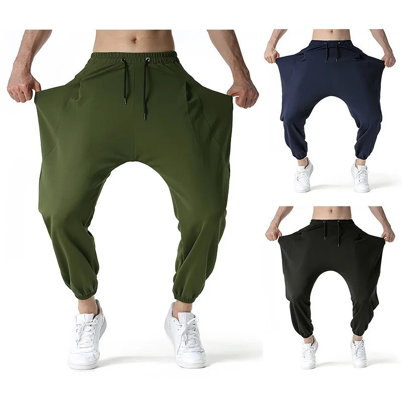 

Fashion Men Harem Pants Solid Color Big Pockets Casual Elastic Trouser Botton Flying Squirrel Outdoor Party Informal Trousers