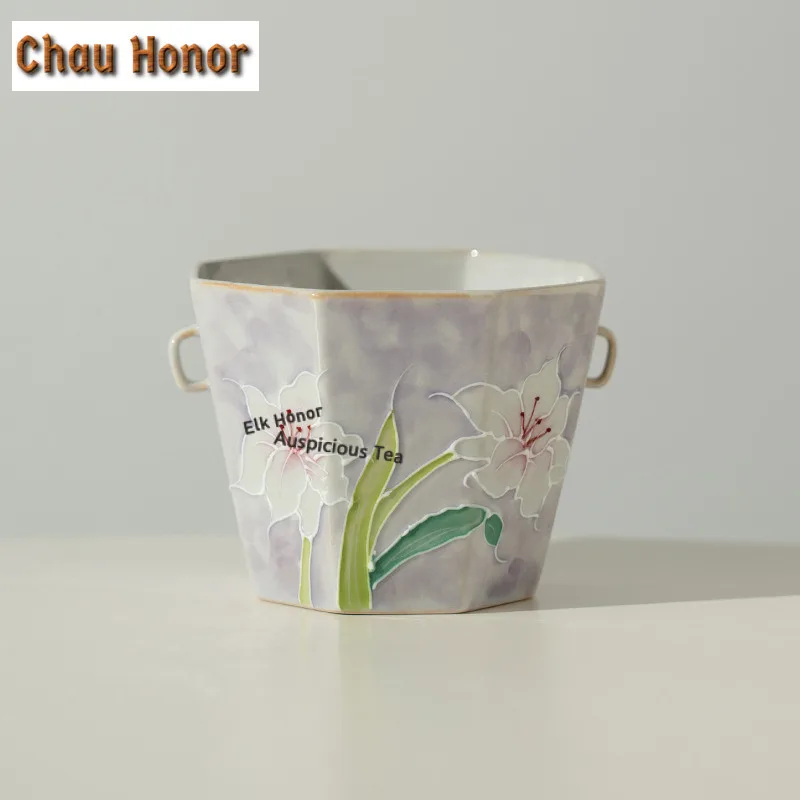 240ML Misty Purple Hand-painted Lily Teacup Elegant Tea Bowl Water Jug Tea-tasting Meditation Cup Jianzhan Master Cups Tableware