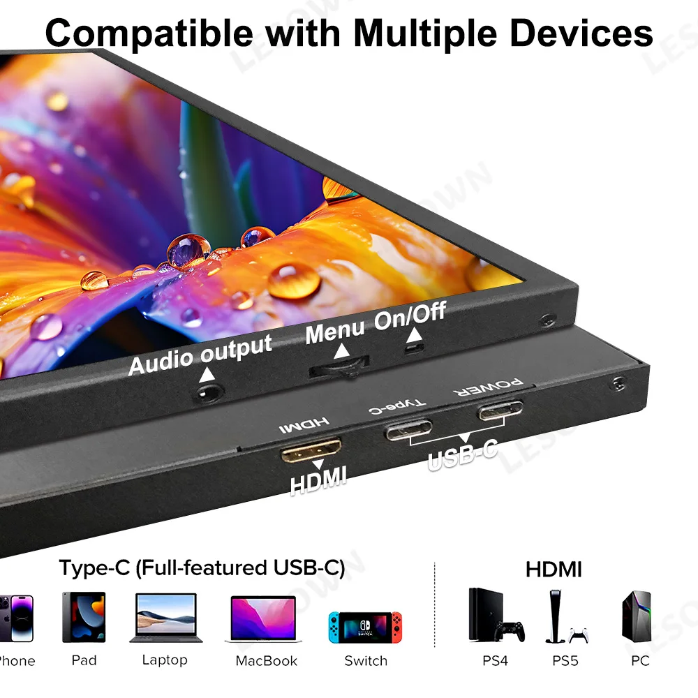 LESOWN 소형 휴대용 모니터 10.1'' IPS 1280x800 USB C HDMI 노트북 보조 화면 문서 작업용 외부 디스플레이 PC