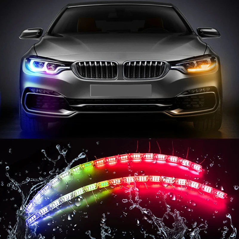 

2Pcs Flexible Crystal Angel Tears LED Strip Light With Yellow Turn Signal RGB DRL Daytime Running Lights Built-in APP Control