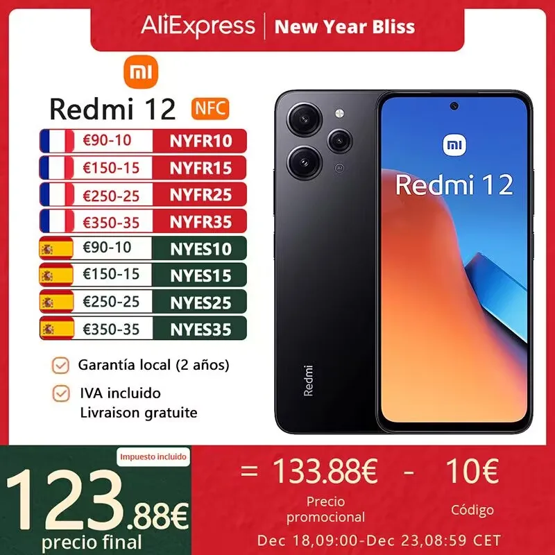 Xiaomi Redmi 12 Teléfonos inteligentes NFC,Gran pantalla FHD+ de 90 Hz,MediaTek Helio G88， batería de 5000 mAh,Carga de 18W，Cámara triple de 50 MP con IA，Edición Global