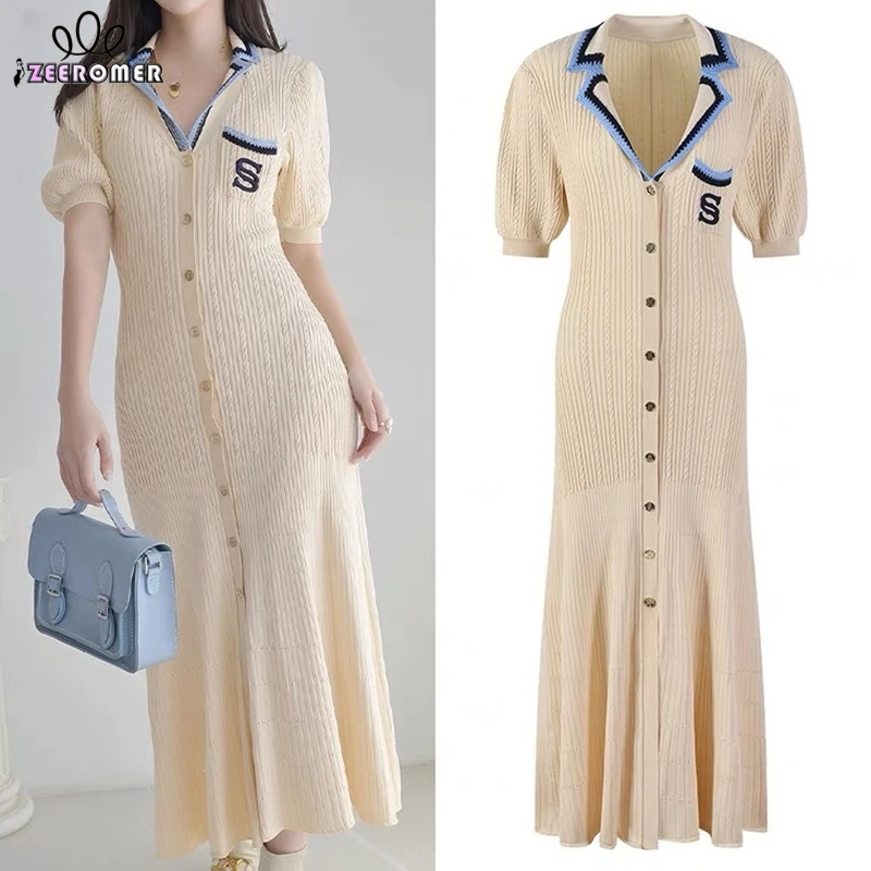 

2023 Fall New French High Quality Bubble Short-Sleeve Embroidery Logo Knitted Long Dress Elegant Women Lapel Party Evening Dress