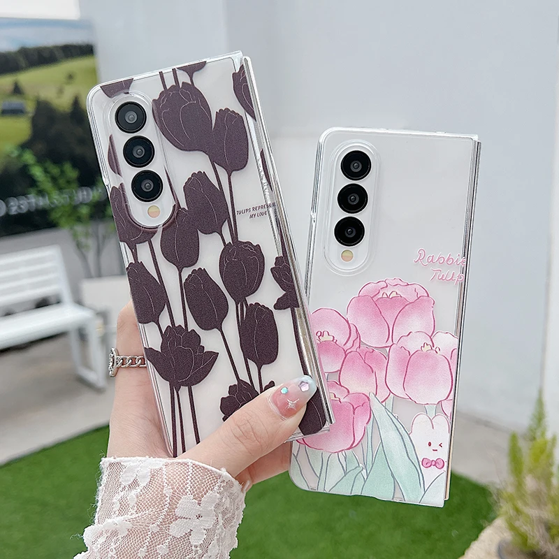 Z Fold3 Custodia Per Telefono Trasparente Floreale Carina Per Samsung Galaxy Z Fold 4 3 5G Cartoon Tulip Black Rose Flower Cover Rigida Trasparente Pe