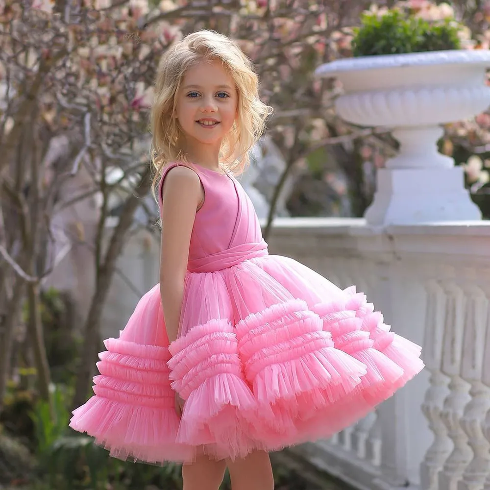 

Flower Girl Dresses Appliques Baby Girls Party Dress Cap Sleeves Puffy Princess Dress Bow First Communion