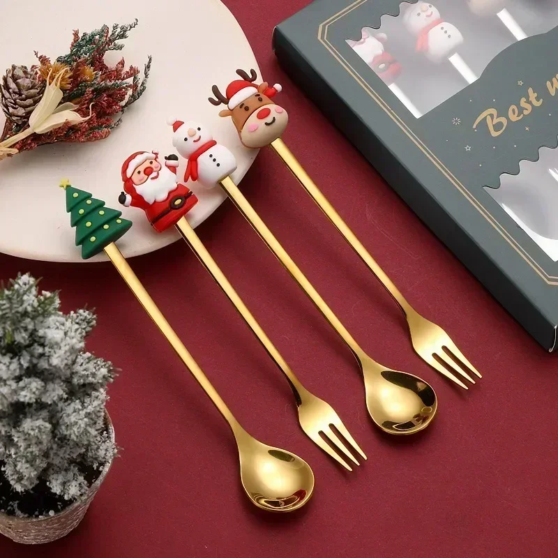 6/4/1PCS Christmas Gift Glod Spoon Fork Set Elk Christmas Tree Decoration Dessert Scoop Fruit Fork Coffee Spoon Cutlery Set cutlery set,western style cutlery set,picnic cutlery set,stainless steel cutlery set,camping cutlery set,wooden cutlery set