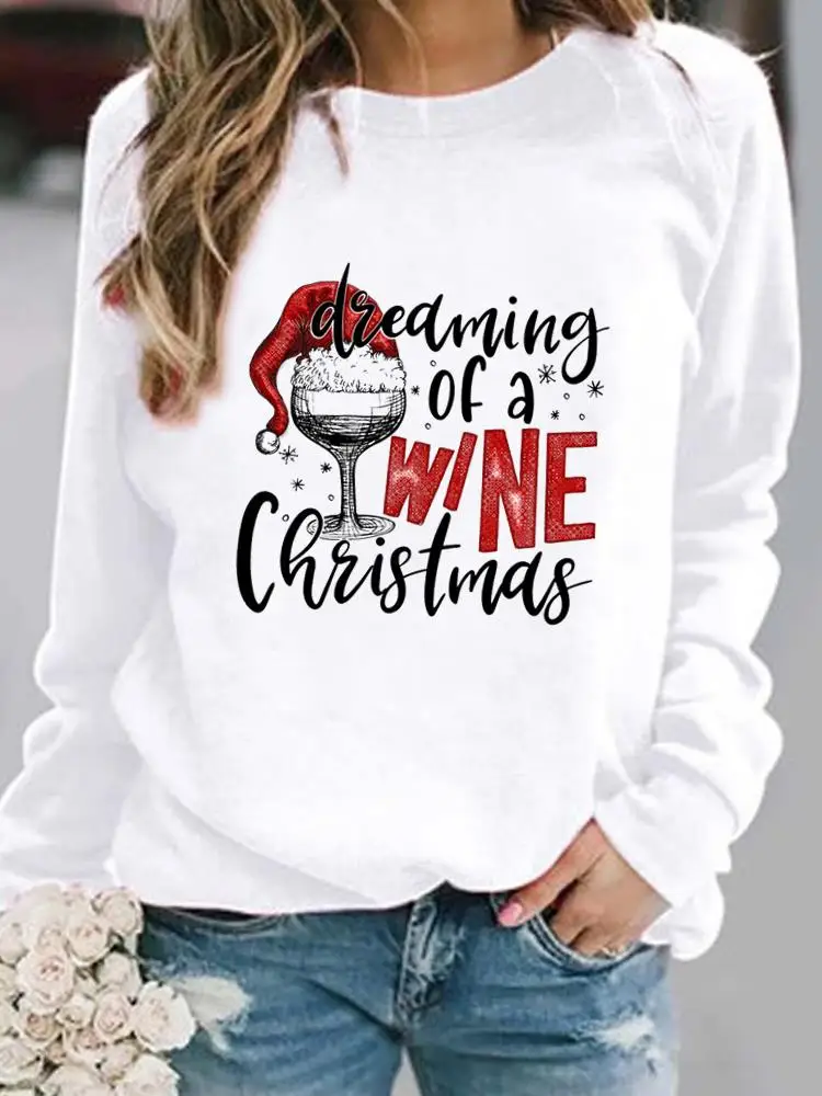 

O-neck Pullovers Holiday Merry Christmas Clothing New Year Wine Love Trend 90s Women Casual Graphic Ladies Fleece Sweatshirts