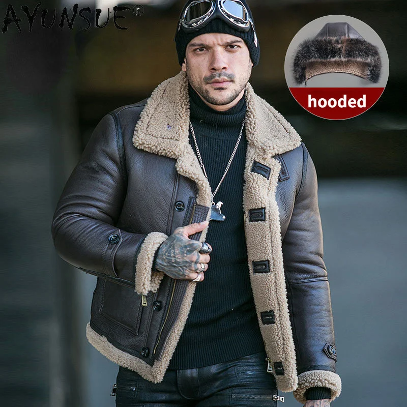 

Natural Fur Coat Winter Jackets for Men Warm Brown Leather Jacket Real Sheepskin Coats Hooded Manteau Homme Hiver SG