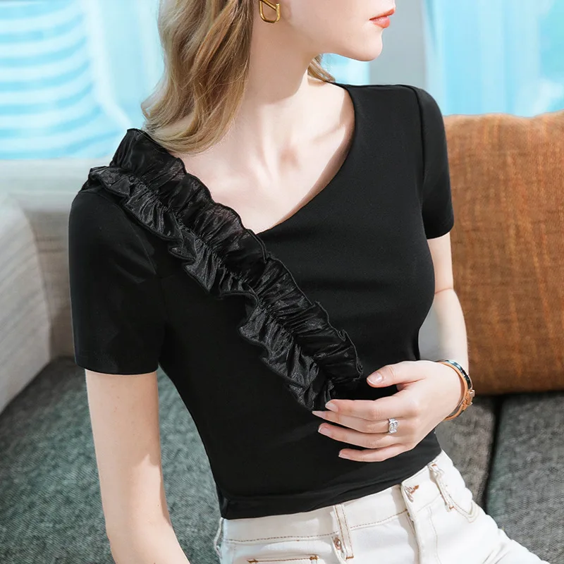 

HIgh Quality 2024 Women Tops Falbala Oblique Shoulder Spring Summer T- Shirt Female Clothing Sexy Crop Top Clothes Blouse Y2k