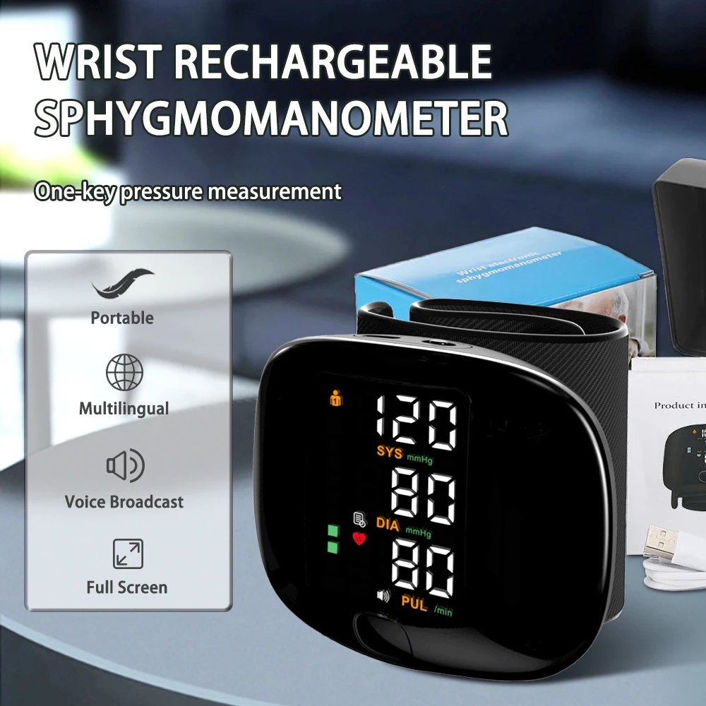 Touch LCD Screen Digital Wrist Blood Pressure Monitor Smart Voice Chargeable Automatic Tonometer Heart Rate Sphygmomanometer