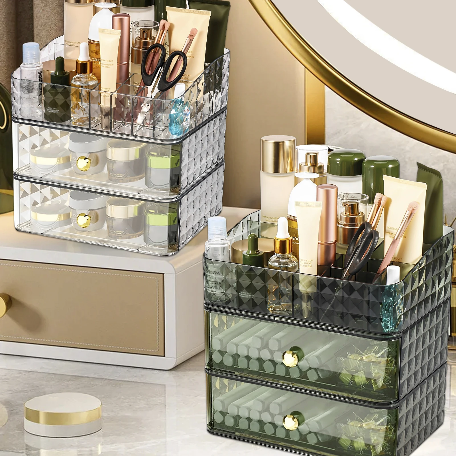 

Makeup Organizer with Stackable Drawers Large Capacity Makeup Vanity Organizer with Compartment 3 Tier Cosmetic Storage Rack