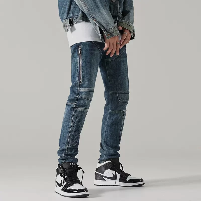 High Street Fashion Men Jeans Retro Blue Elastic Slim Fit Spliced Biker Jeans Men Patched Designer Zipper Hip Hop Pants Hombre