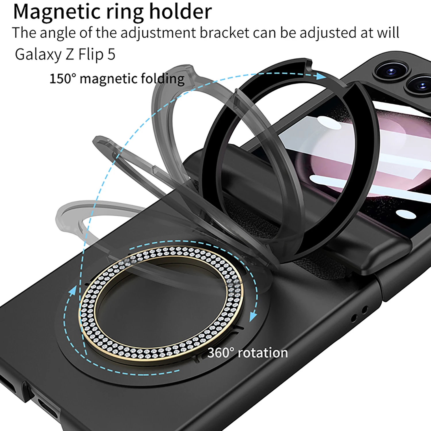 For Samsung Galaxy Z Flip 5 5G Case Matte Magnetic Hinge Folding Ring Bracket Wireless Charging Mirror Film Shockproof Hard Case