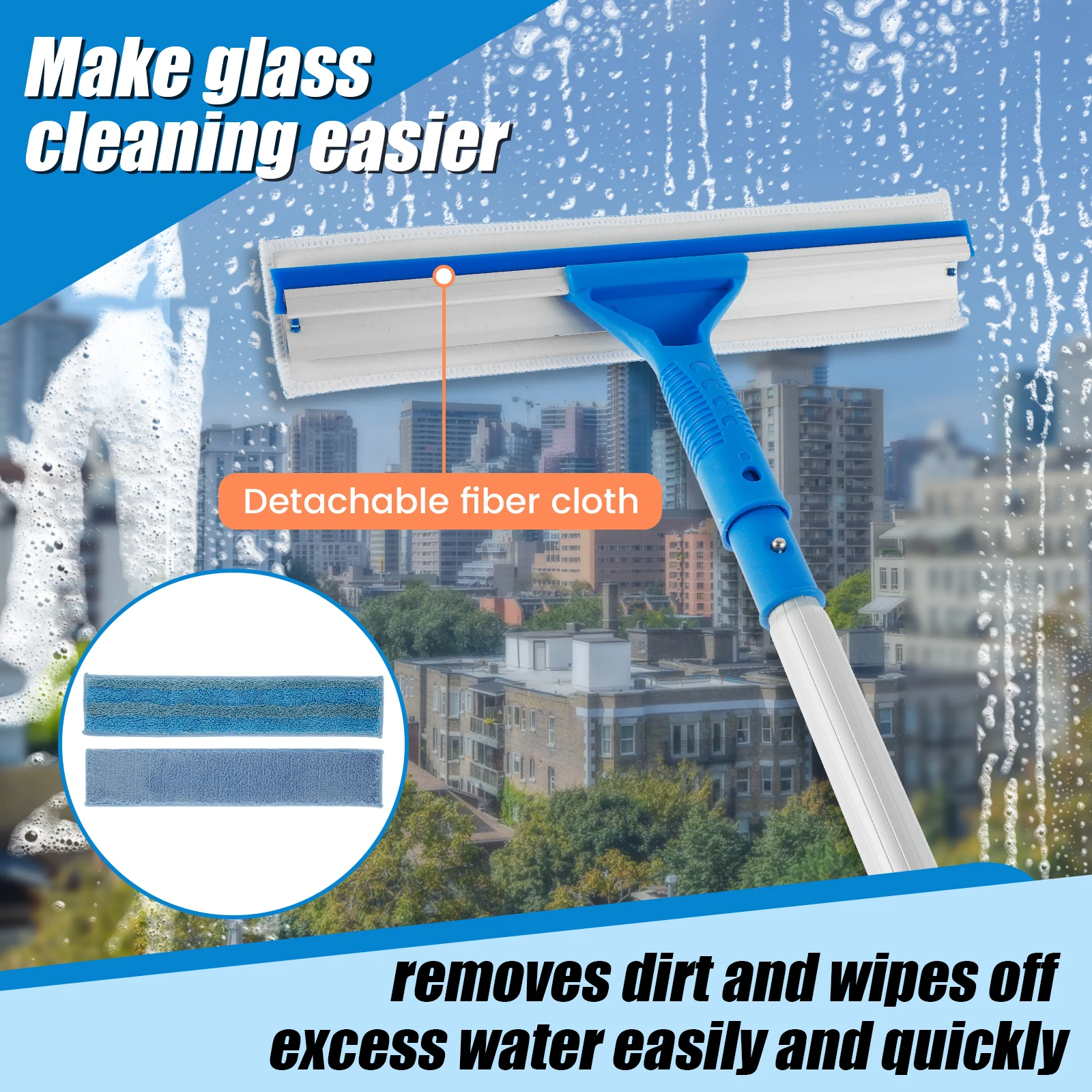 Multi-Use Window Squeegee, 2 in 1 Window Cleaner with Long Extension Pole,  Sponge Squeegee with 30 Long Handle for Gas Station, Glass,Shower,Outdoor