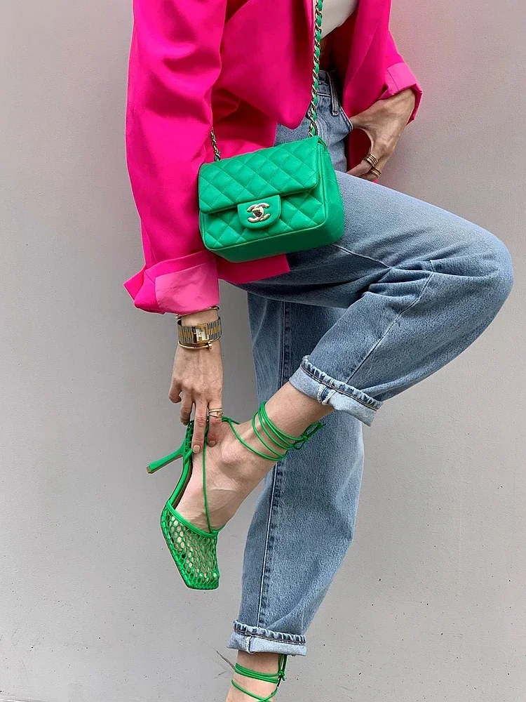 

New square toe lace mesh cross strap high heels candy color fashion catwalk sandals trendy 9cm