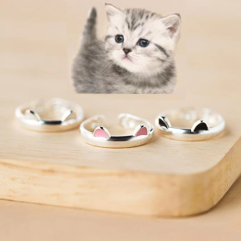 pezzi argento nero carino anelli Set regolabile orecchie di