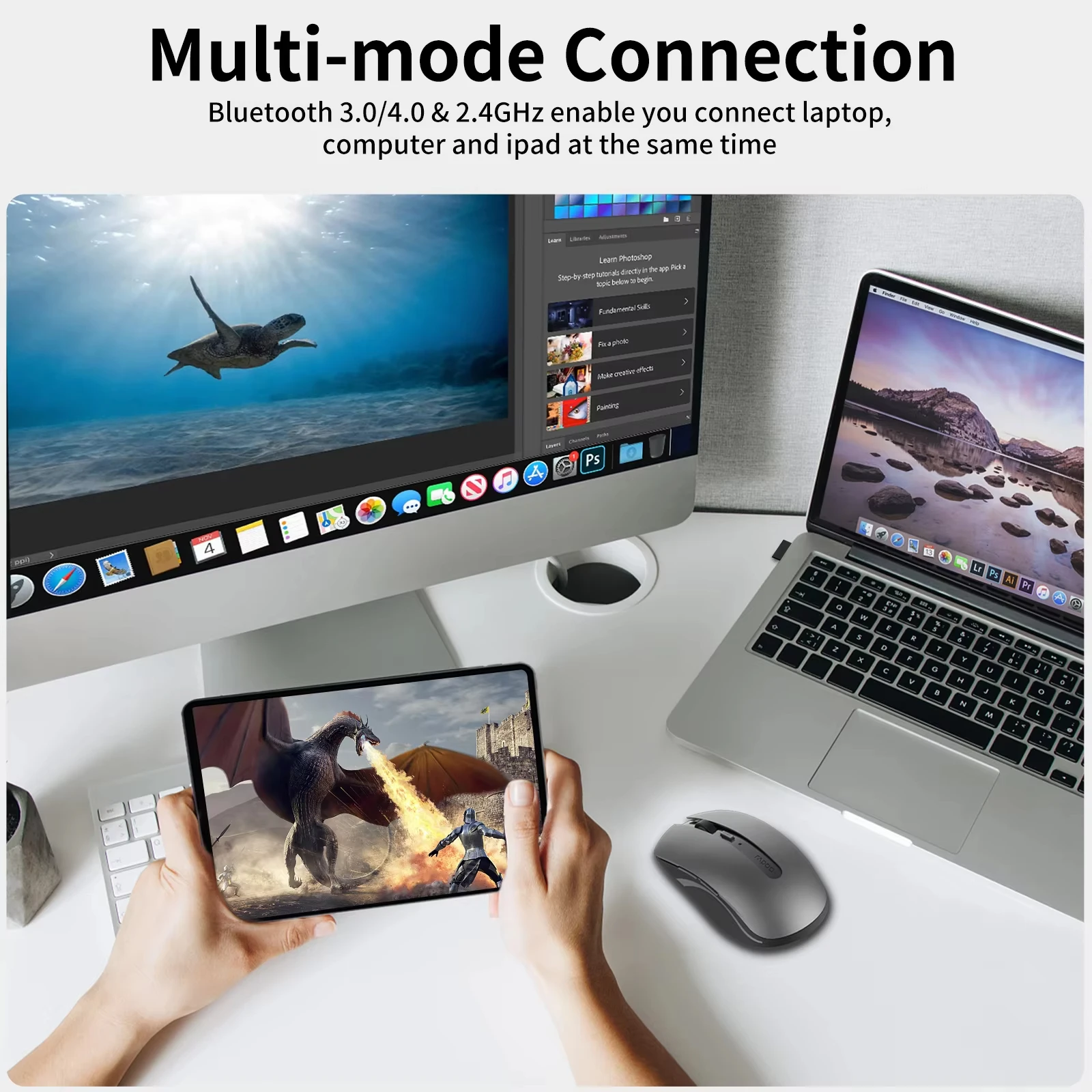 Wireless Mouse Rapoo 7200M Multi-Mode Wireless Mouse Noiseless Bluetooth Mouse 1600DPI Bluetooth 3.0/4.0 RF 2.4GHz for Three Devices Connect