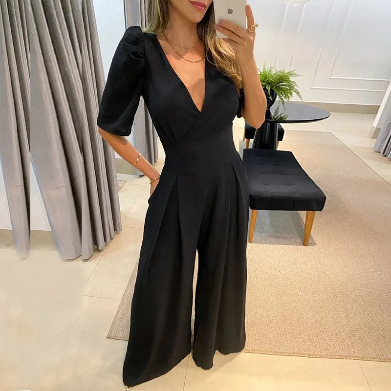 Casual Solid Jumpsuit Women Puff Sleeves Lace Up Long Jumpsuits Summer Sexy V Neck One Pieces Wide Leg Pants Female Overalls