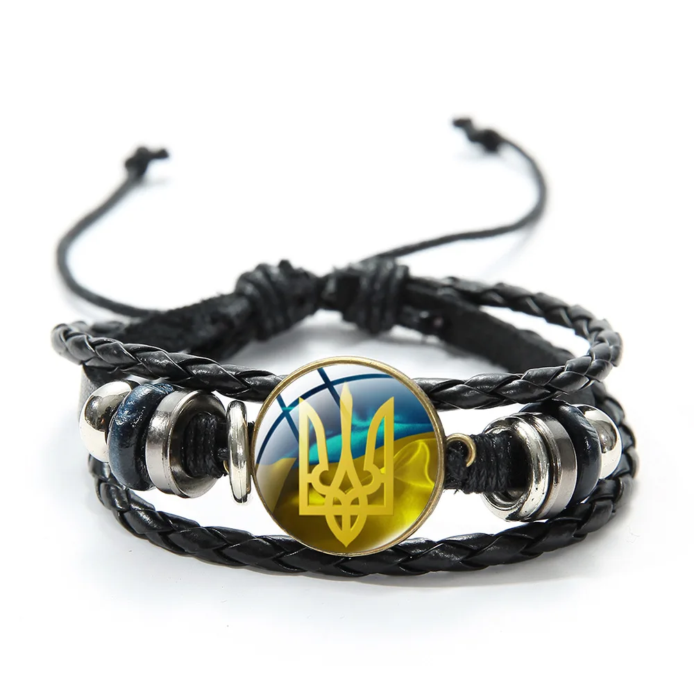 Ukrainian Flag Glass Pendant Bracelet Blue Yellow Trident Graphic Vintage Handmade Beaded Woven Leather Bracelet Bracelet Jewelry