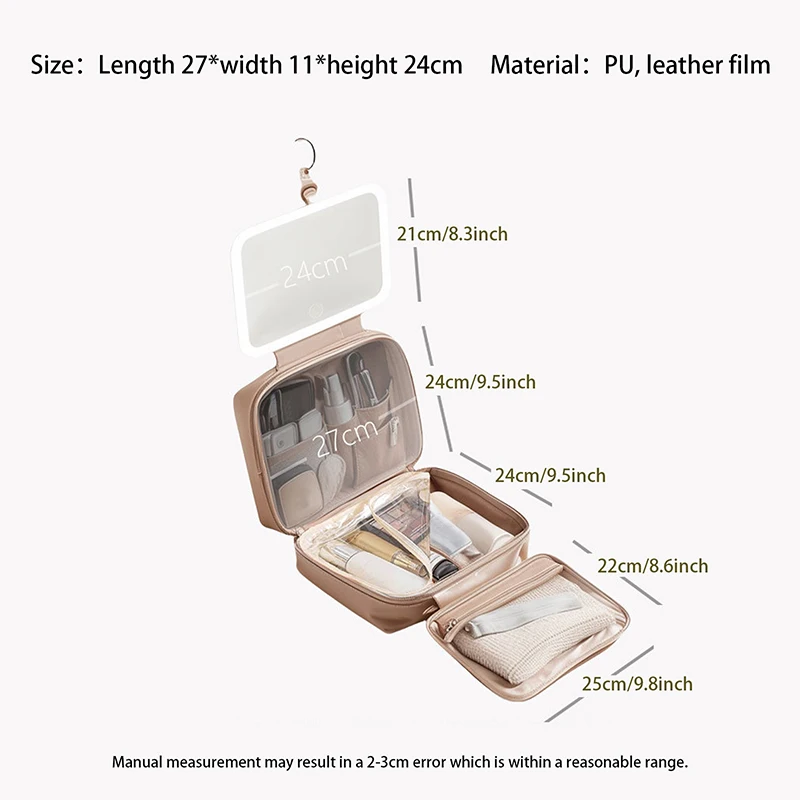 Hanging Makeup Bag, Multi-pocket Zipper Closure Portable Cosmetic Bag Travel Toiletry Bag with Mirror 6