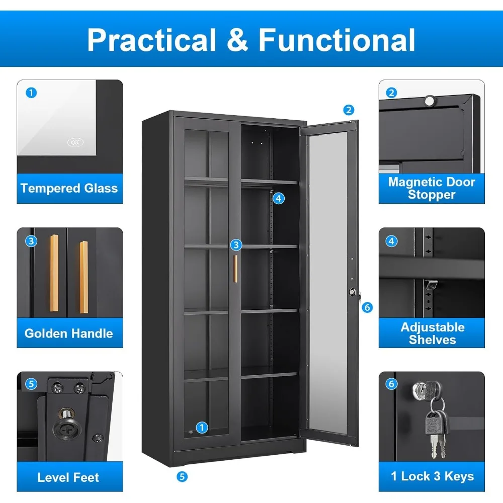 Display Cabinet with Glass Doors, Black Curio Cabinet with Lock, 71“ Tall Display Case for Living Room, Bookcase for Home, Clini 6
