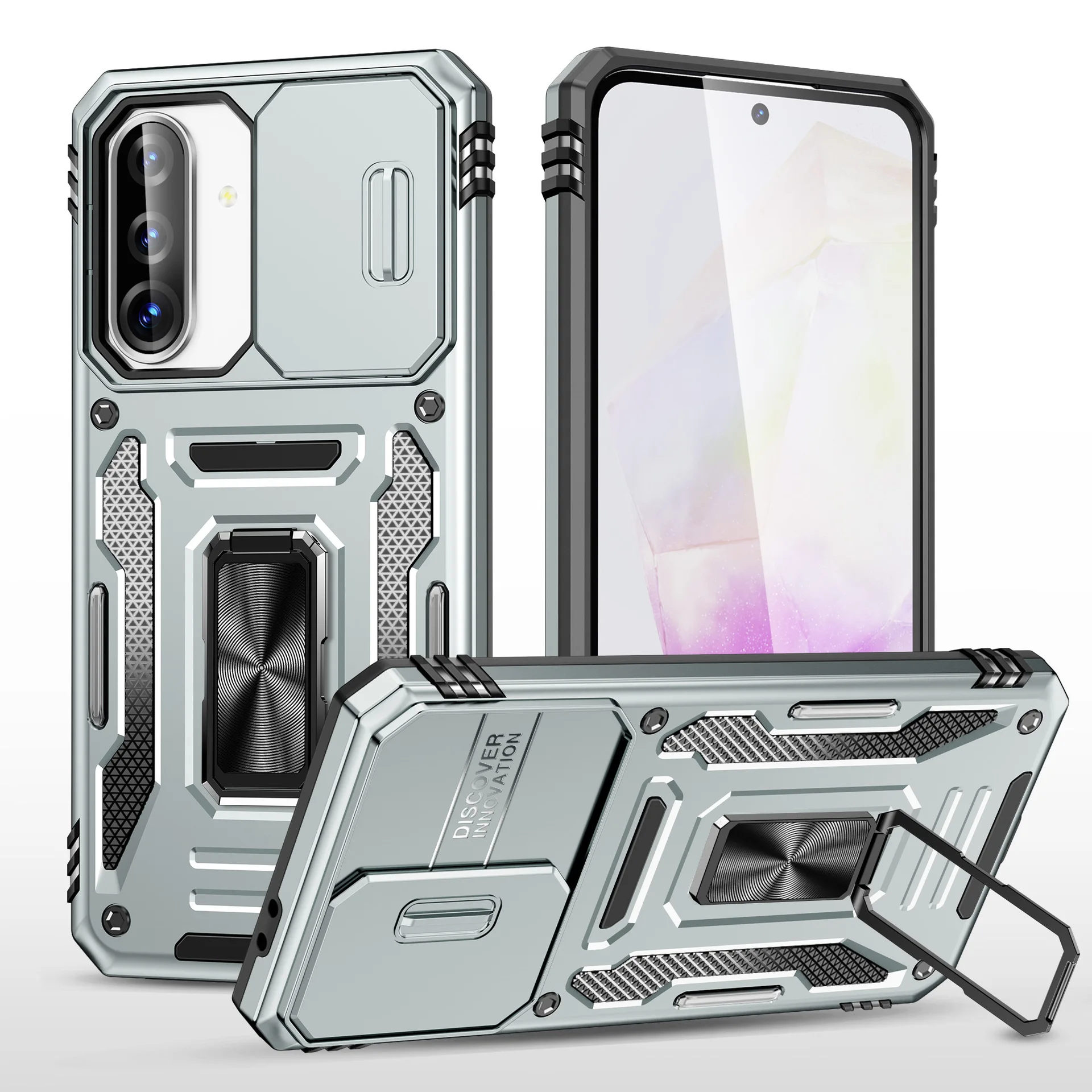 Shockproof Antifall Armor Phone Case with Slide Camera Cover and Kickstand