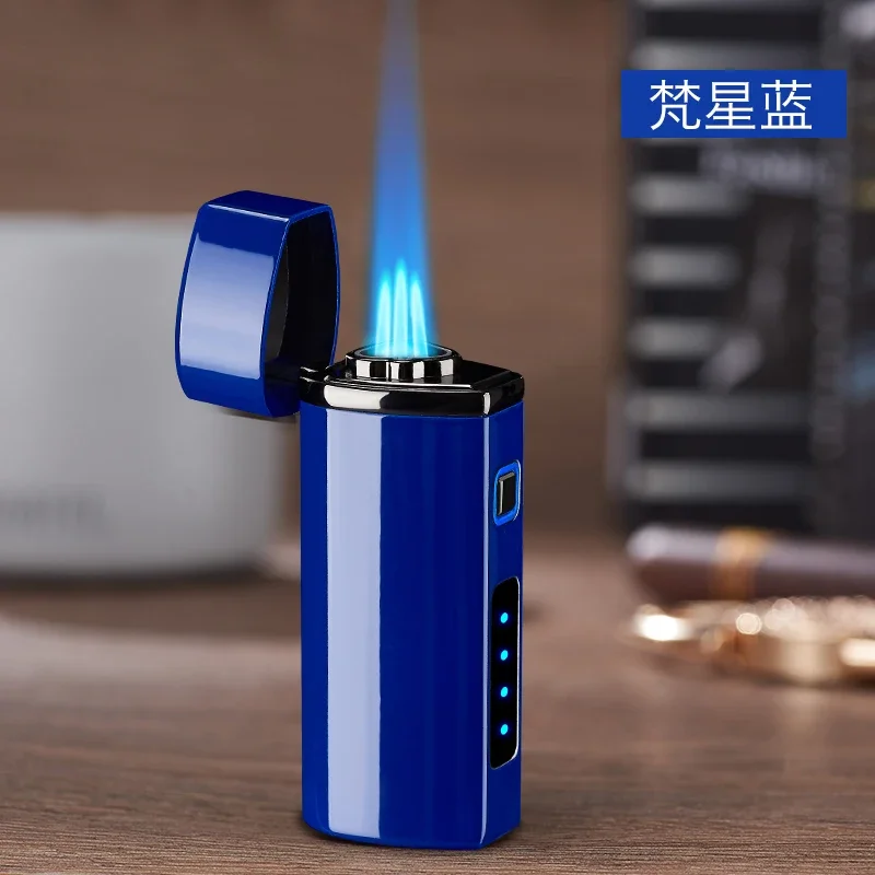 2024 Touch Sensing Metal Outdoor Windproof Electric USB Lighter Turbo Three Torch Blue Flame Jet Cigar Tool Gas Lighter Men2024 3
